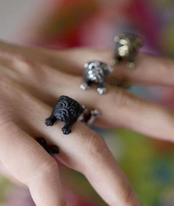 Animal Pug Dog Wrap Ring (available in 3 colors); Unique Realistic Pug Dog; Handmade Puppy Pug Dog Ring