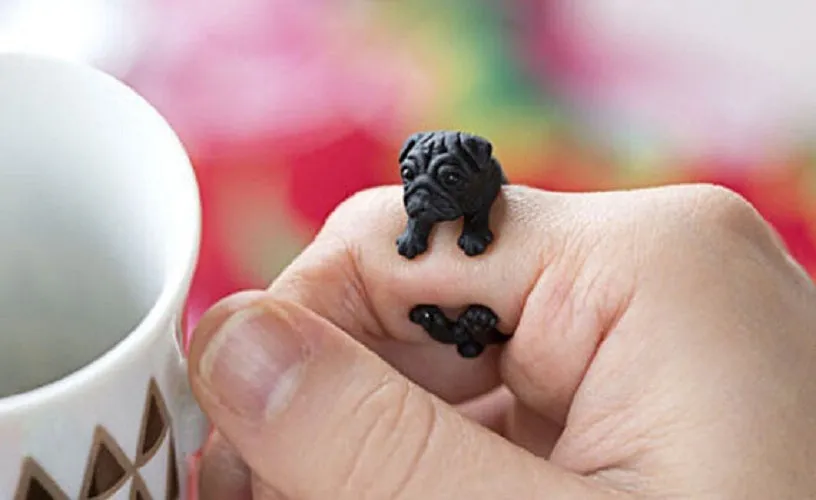 Animal Pug Dog Wrap Ring (available in 3 colors); Unique Realistic Pug Dog; Handmade Puppy Pug Dog Ring