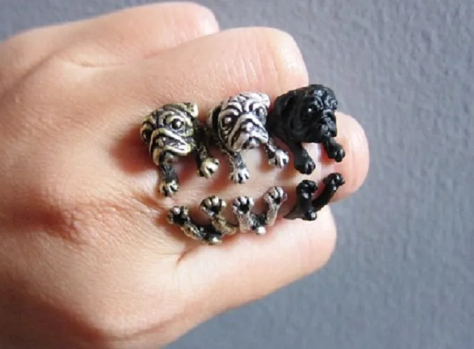 Animal Pug Dog Wrap Ring (available in 3 colors); Unique Realistic Pug Dog; Handmade Puppy Pug Dog Ring