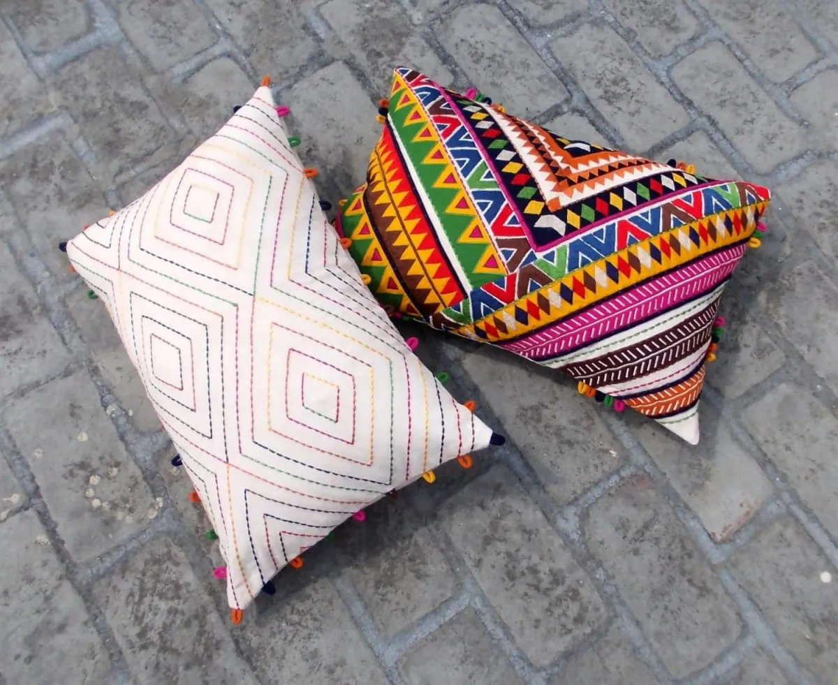 Beige tribal pillow, Multicolor embroidery, diamond pattern, bohemian cotton throw pillow, ethnic, fabric loop edging, size 14x21 inches