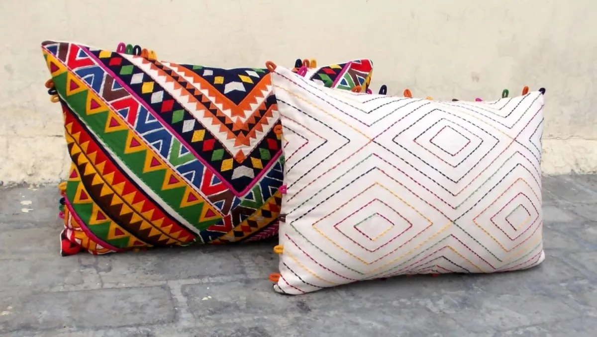 Beige tribal pillow, Multicolor embroidery, diamond pattern, bohemian cotton throw pillow, ethnic, fabric loop edging, size 14x21 inches