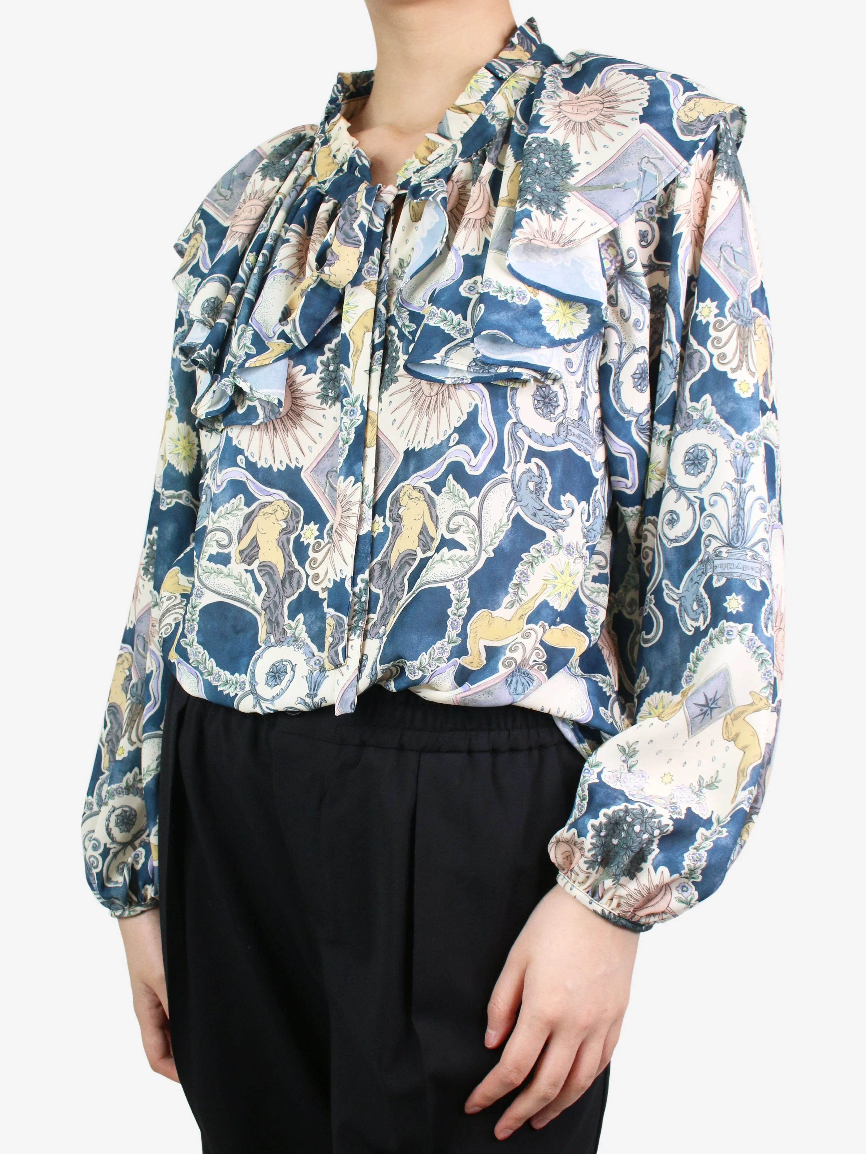 Blue printed ruffle top - size UK 10