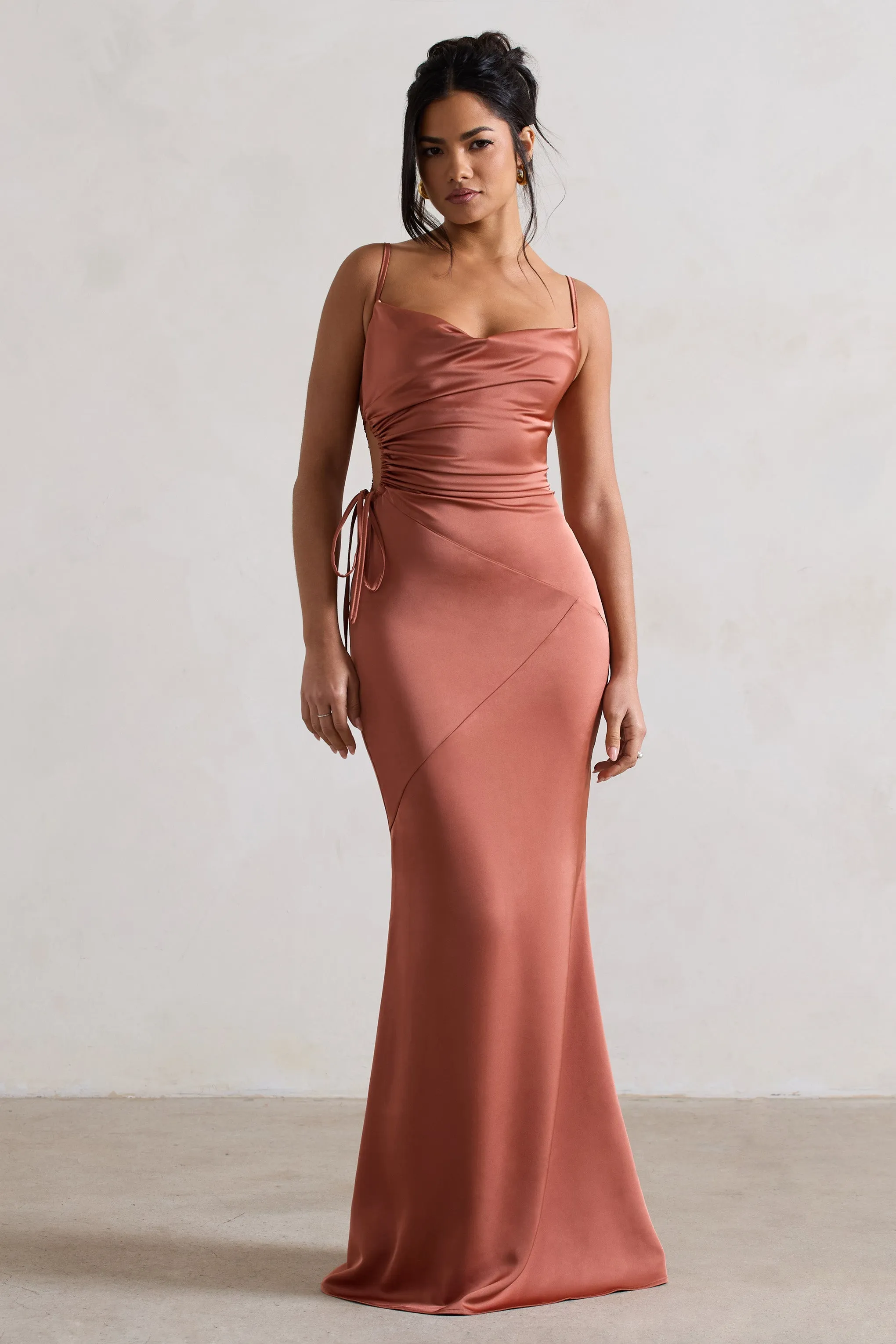 Carter | Rust Satin Cowl-Neck Maxi Dress With Cut-Out