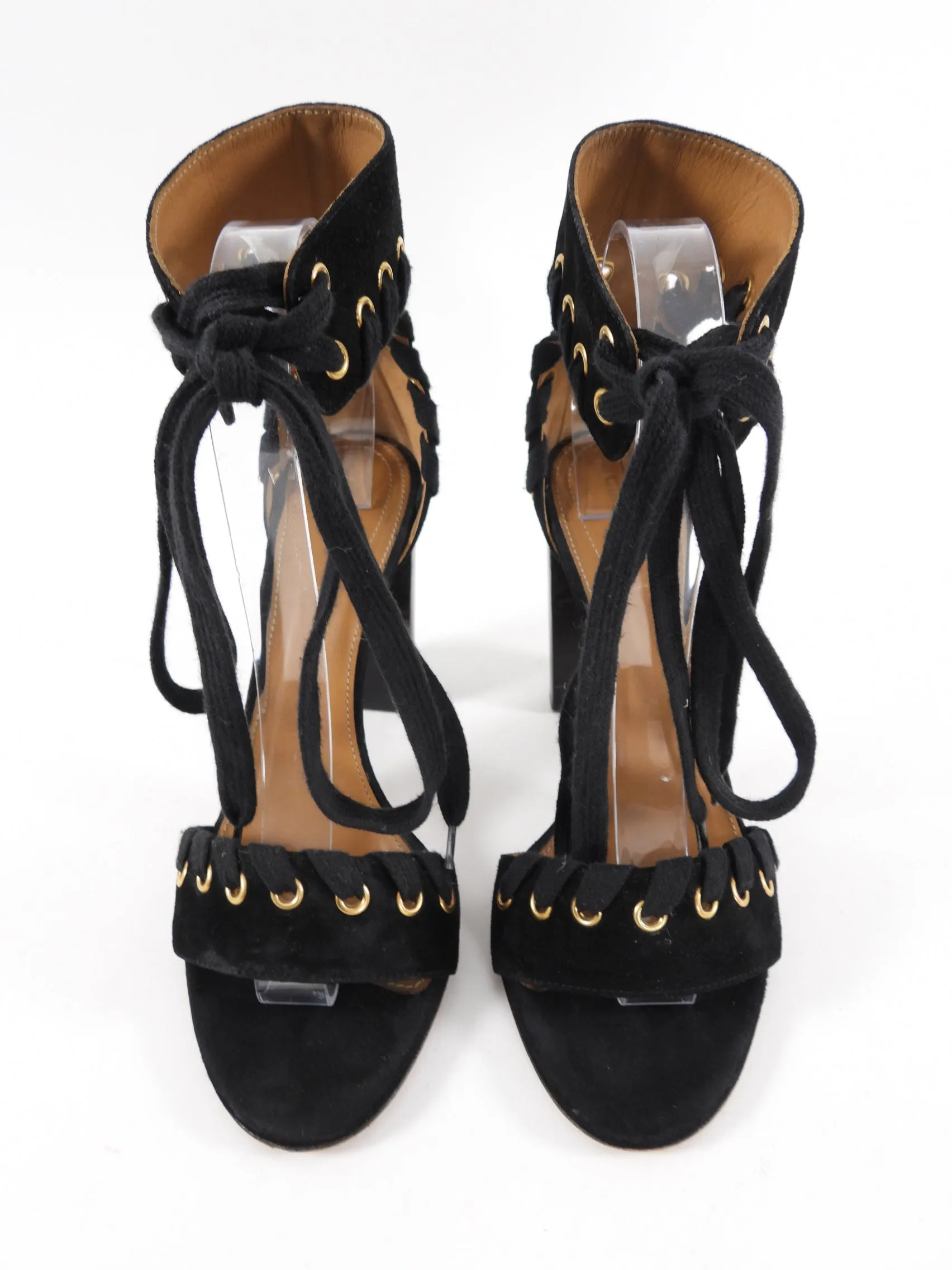 Chloe Black Suede Block Heel Grommet Sandal - 38 / 8