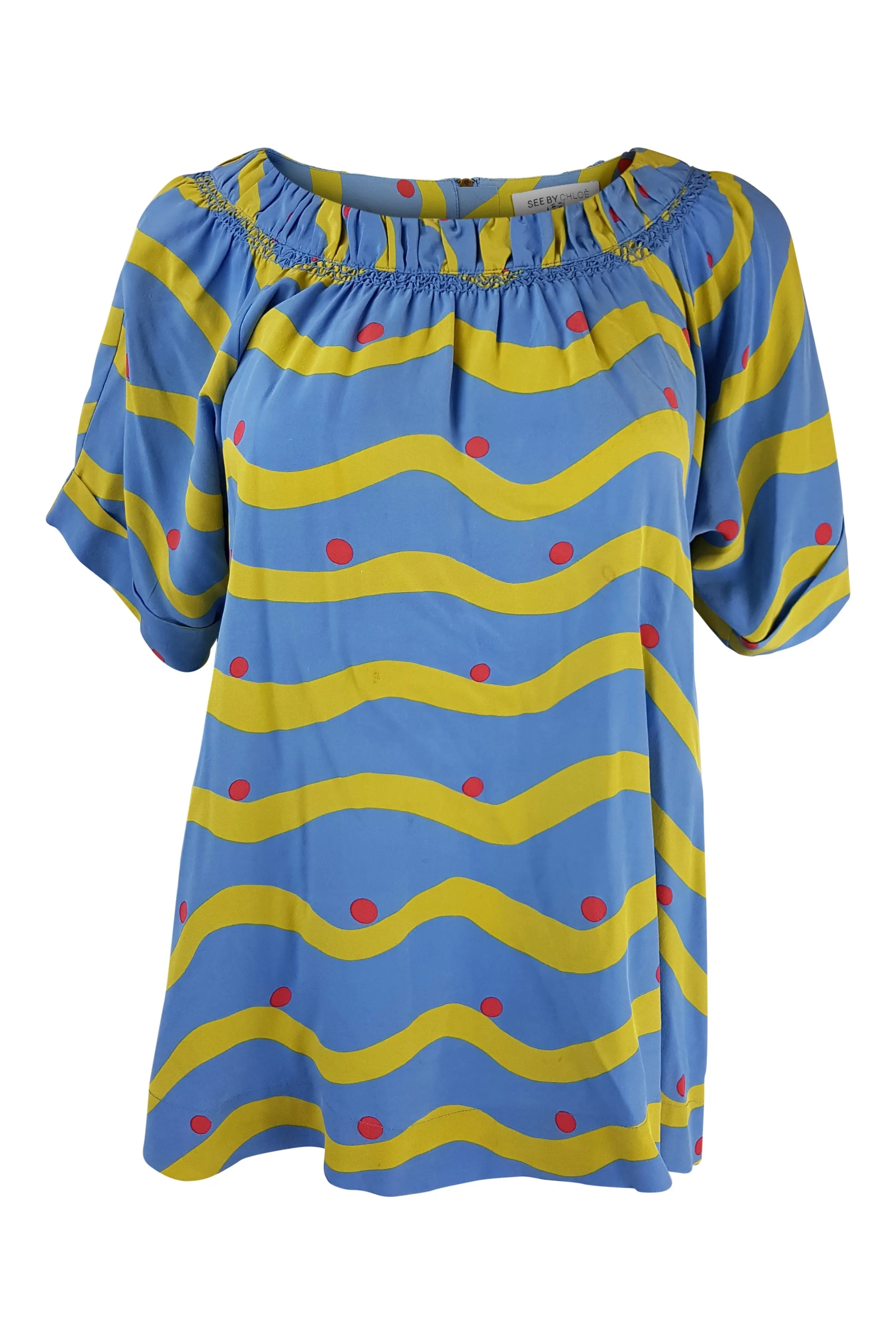 CHLOE Blue 100% Silk Striped and Dotted Short Sleeved Shirt (36)