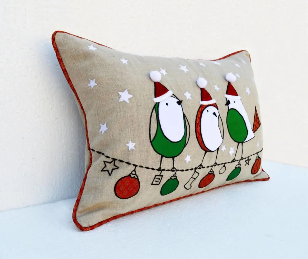 Christmas linen pillow cover, birds, ornaments, Indian brocade, applique, embroidered pillow size 14"X 21"