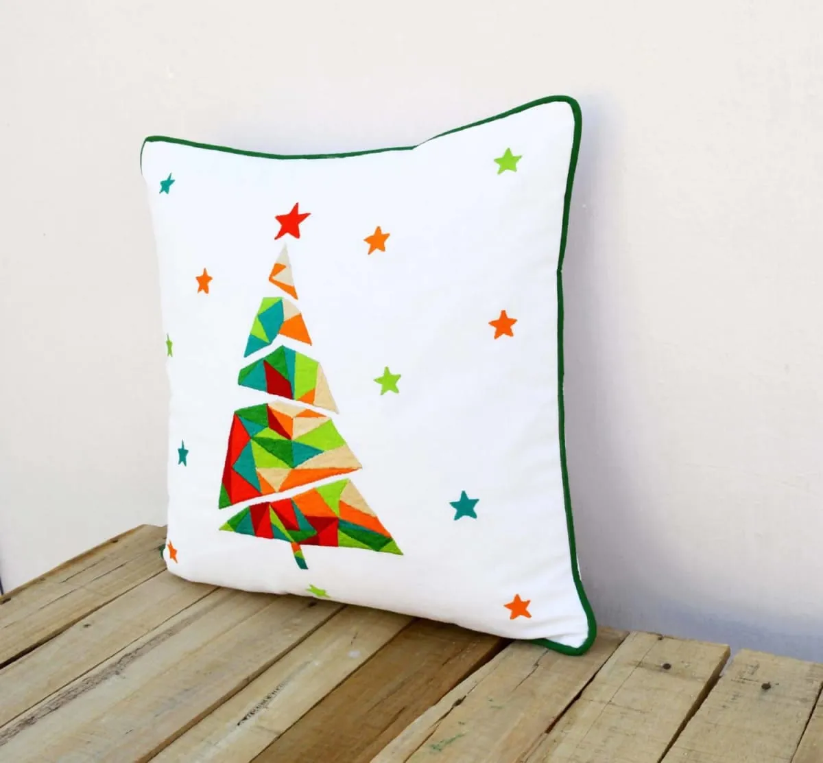 Christmas pillow cover, christmas tree, geometrical, embroidered pillow size 16"X 16"