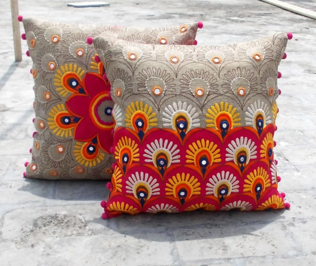 Colorful bohemian style linen embroidered pillow case