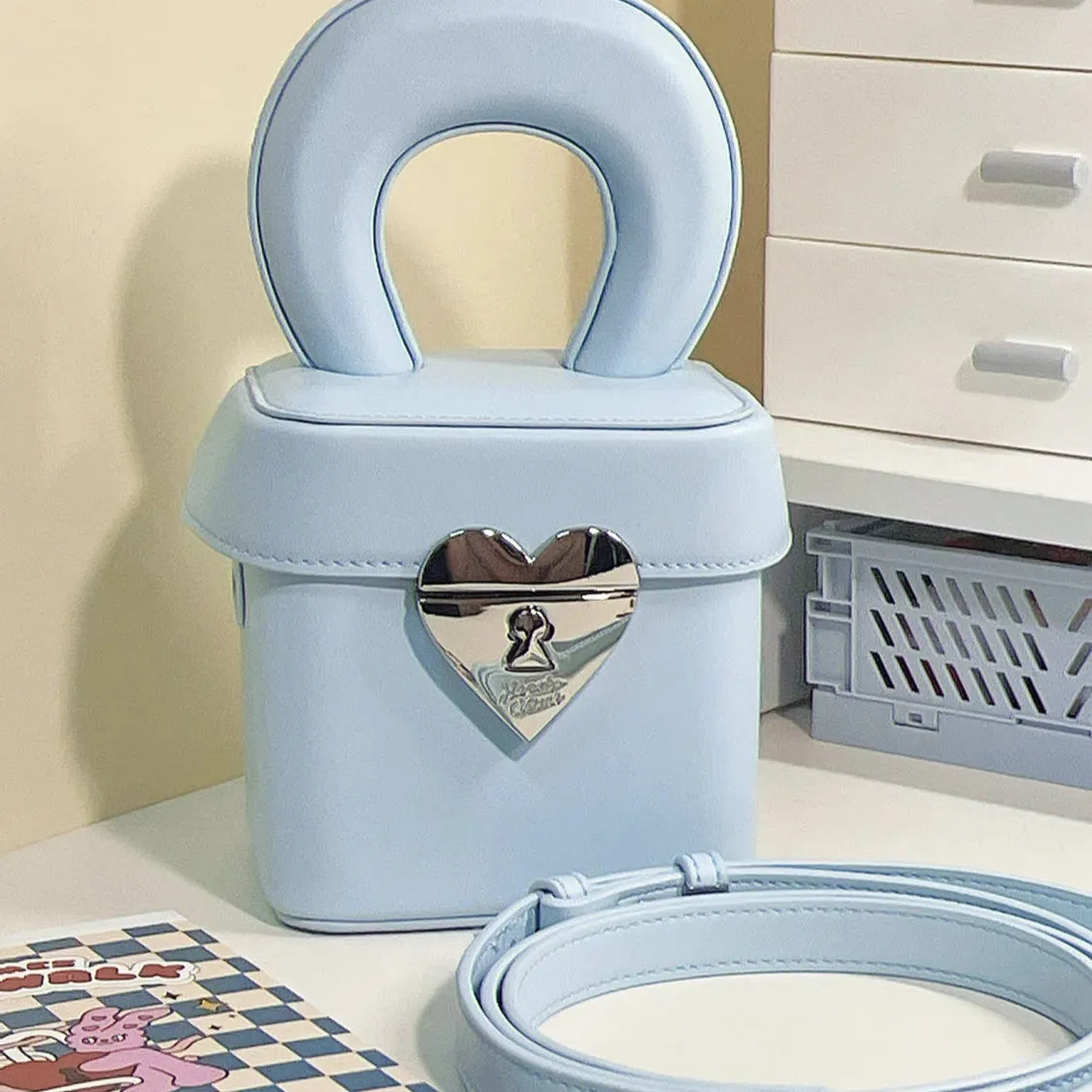 crossbody bag baby blue mini heart box