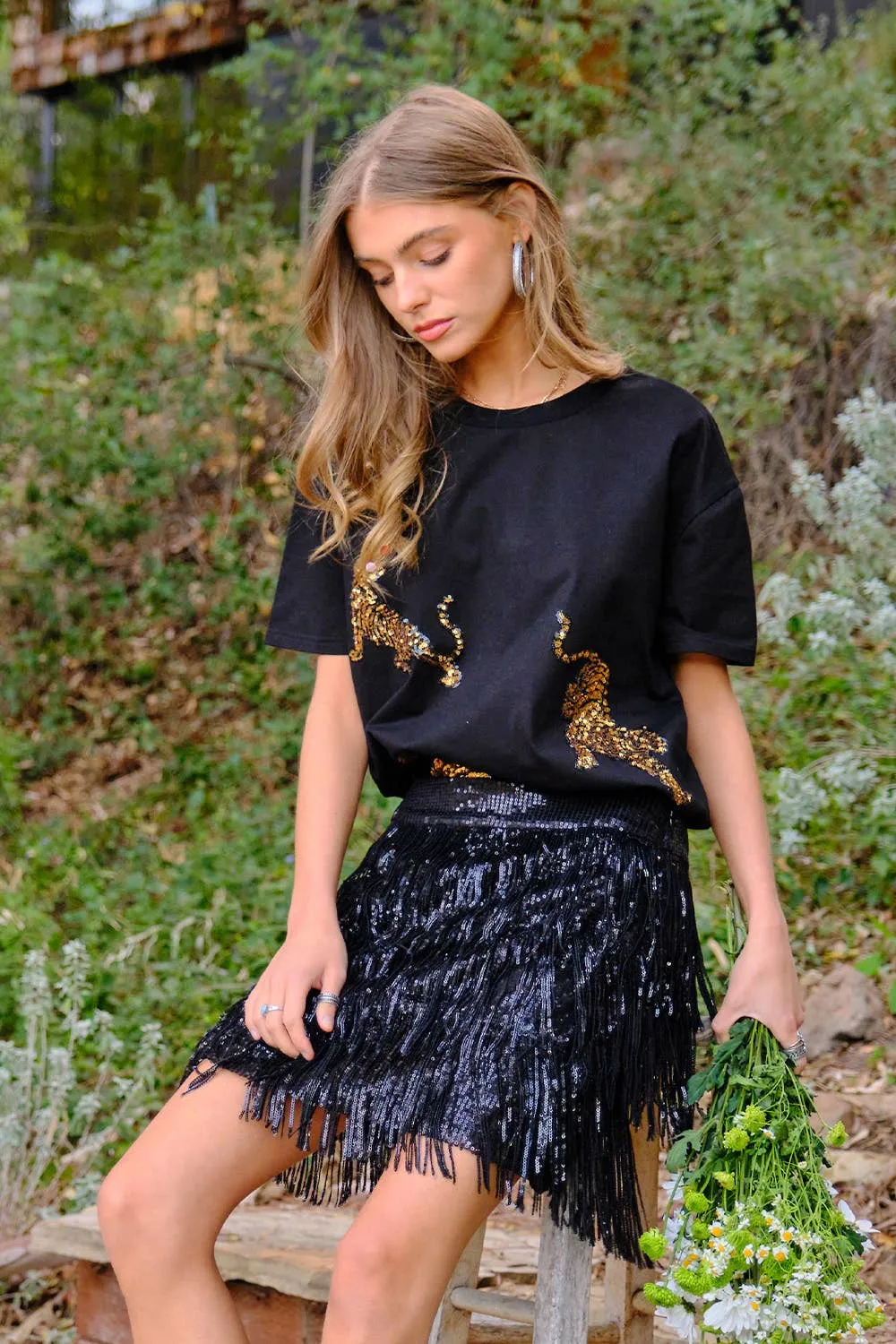 Embellished Sequin Tiger Graphic T Shirt