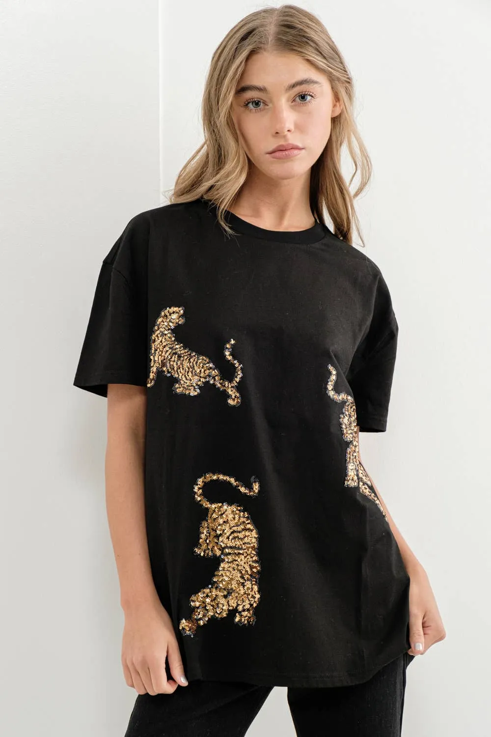 Embellished Sequin Tiger Graphic T Shirt