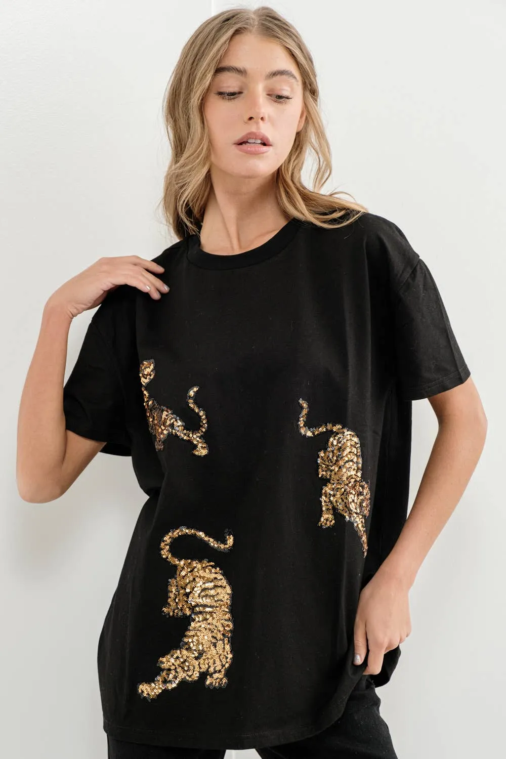 Embellished Sequin Tiger Graphic T Shirt