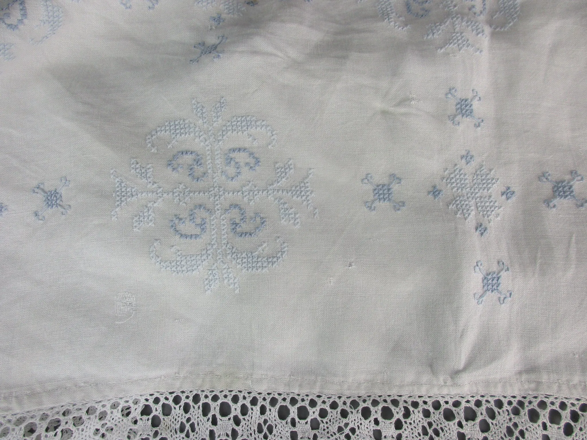 French Blue And White Embroidered Cross Stitch Table Cloth Cover Vintage