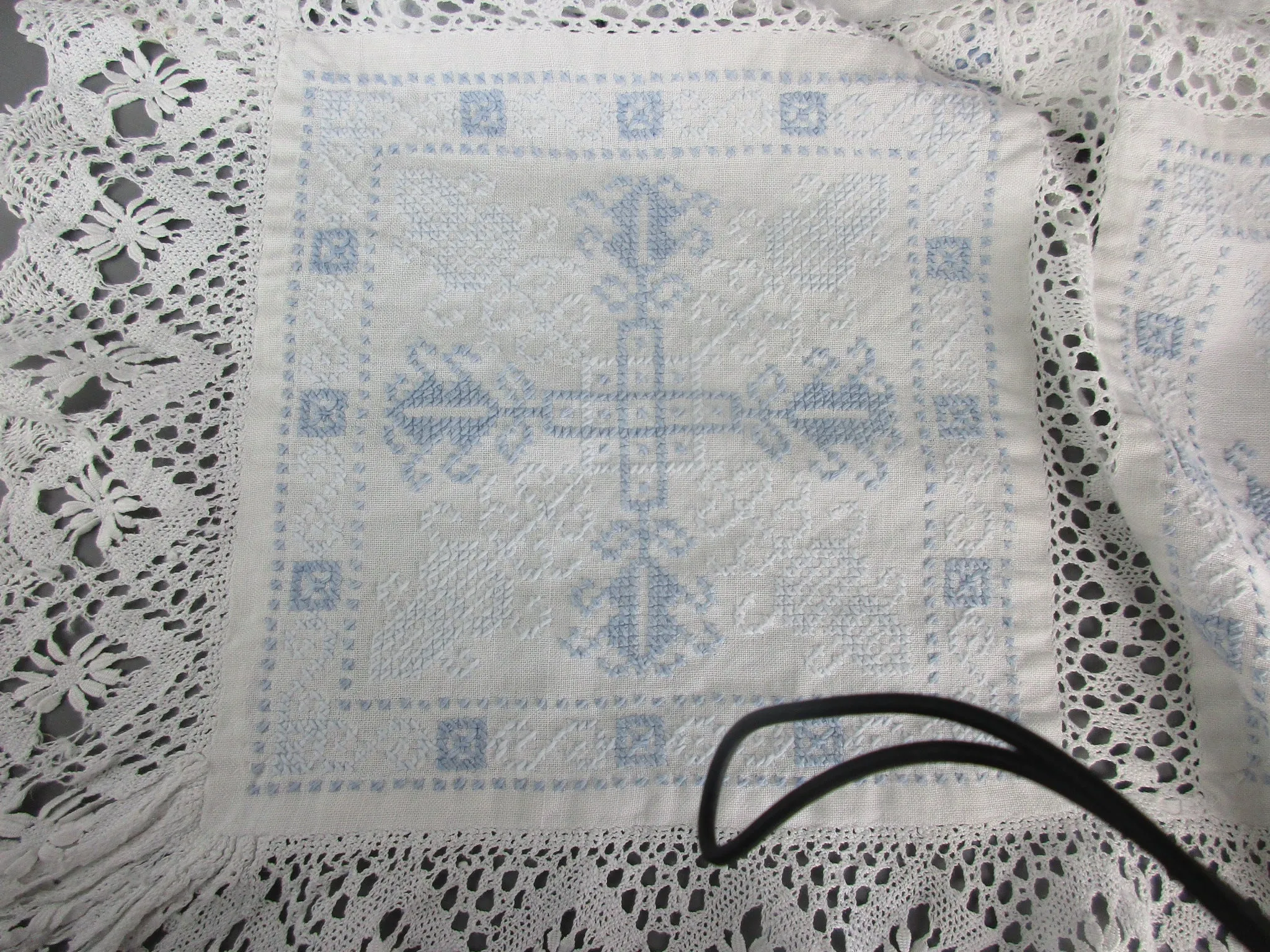 French Blue And White Embroidered Cross Stitch Table Cloth Cover Vintage