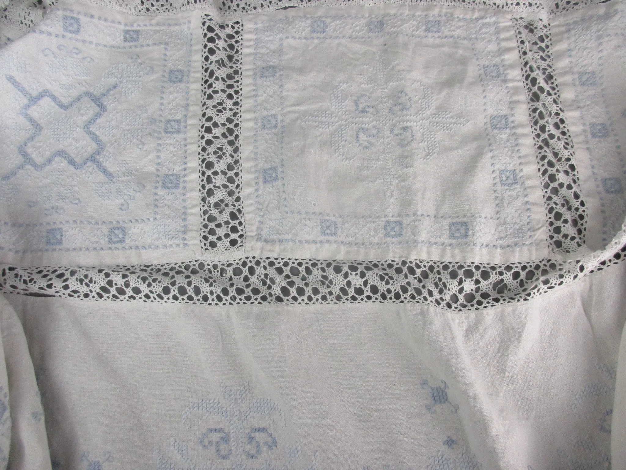 French Blue And White Embroidered Cross Stitch Table Cloth Cover Vintage