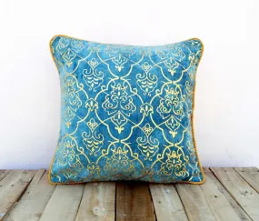 Gold foil printed, stone washed cotton velvet pillow cover, damask, wedgewood blue, twisted chord edging, bohemian, standard size 16"X16"