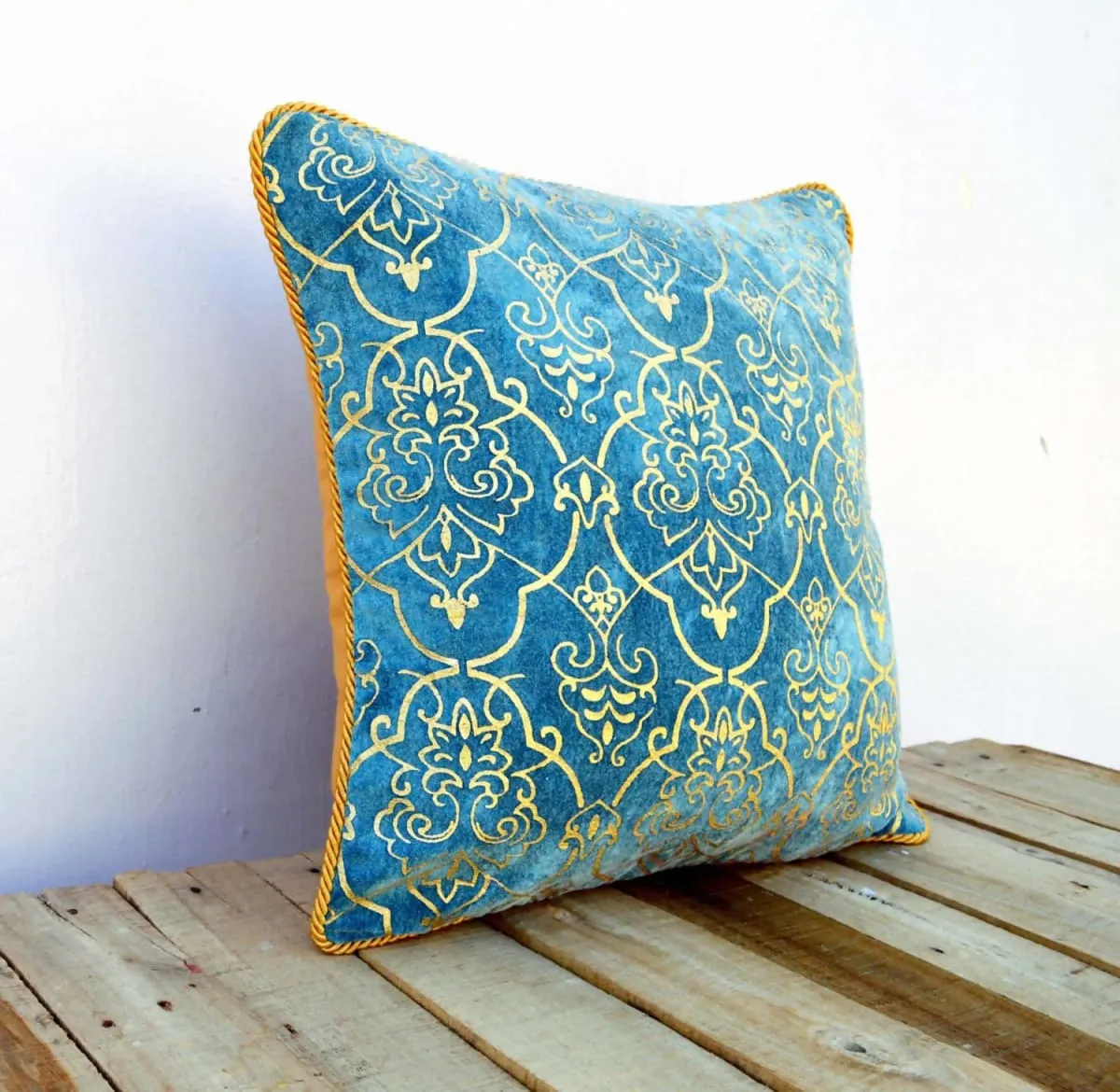 Gold foil printed, stone washed cotton velvet pillow cover, damask, wedgewood blue, twisted chord edging, bohemian, standard size 16"X16"