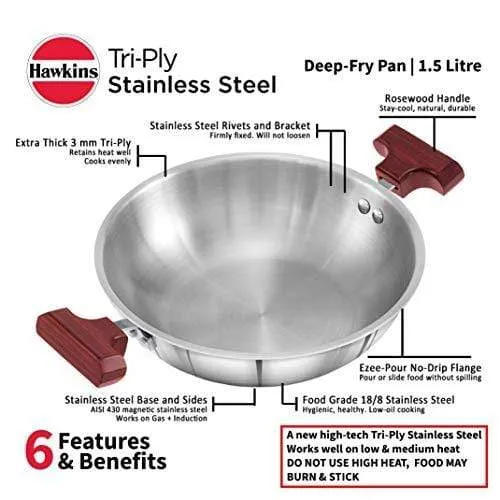 Hawkins Tri-ply Stainless Steel Deep-Fry Pan, 1.5 Litre