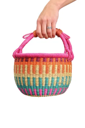 JUNGLE DIRECT ROUND BASKET WITH HANDLE PINK/ORANGE/TEAL/NATURAL MINI