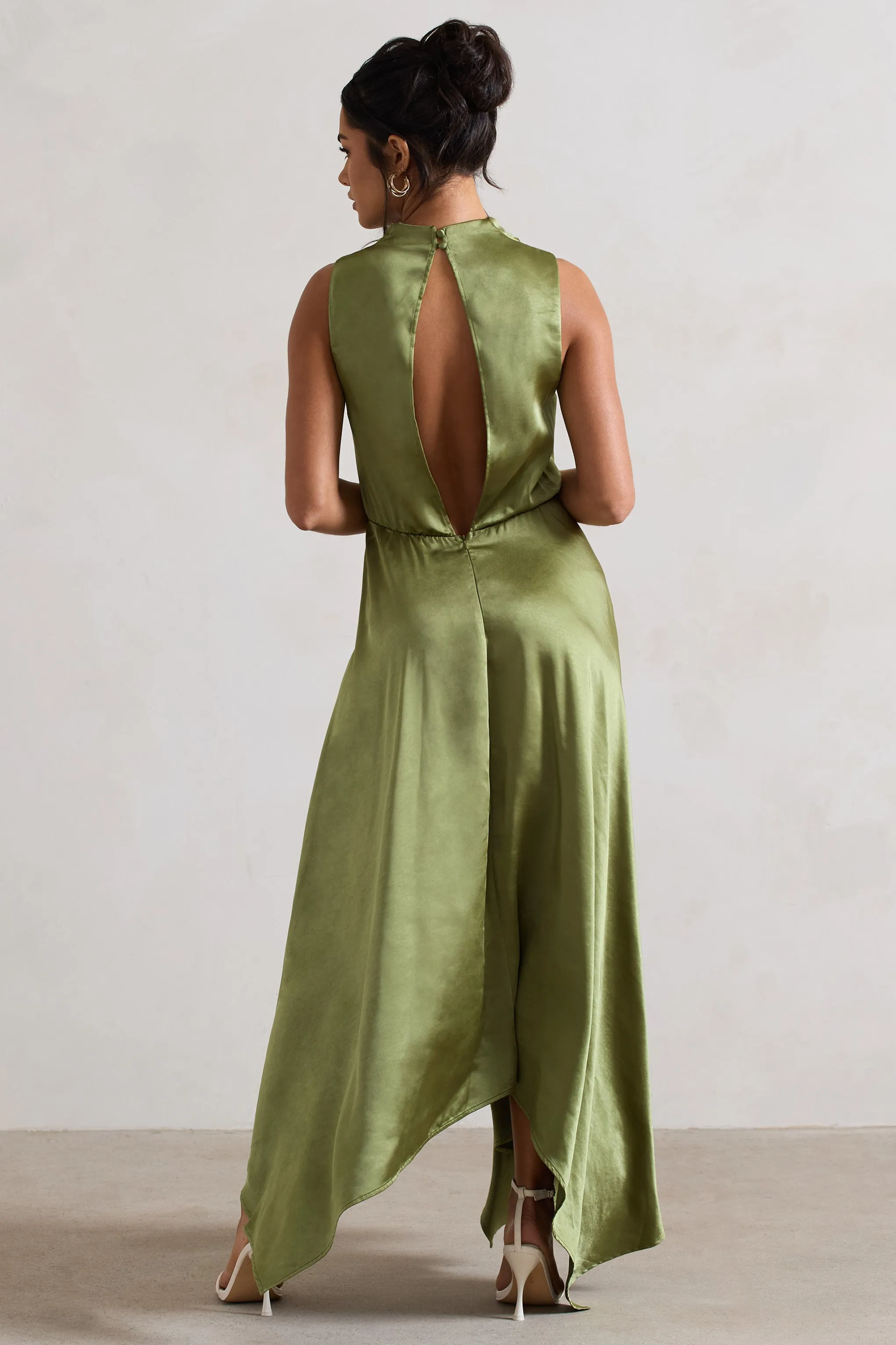 Kerri | Olive Green Satin Cowl-Neck Maxi Dress