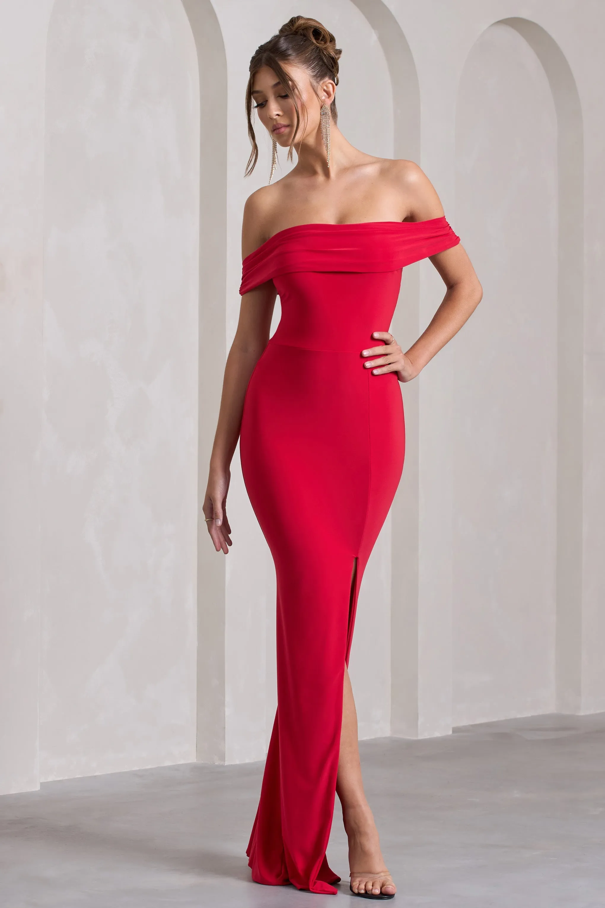 Law of Attraction | Red Bardot Draped Split Maxi Dress