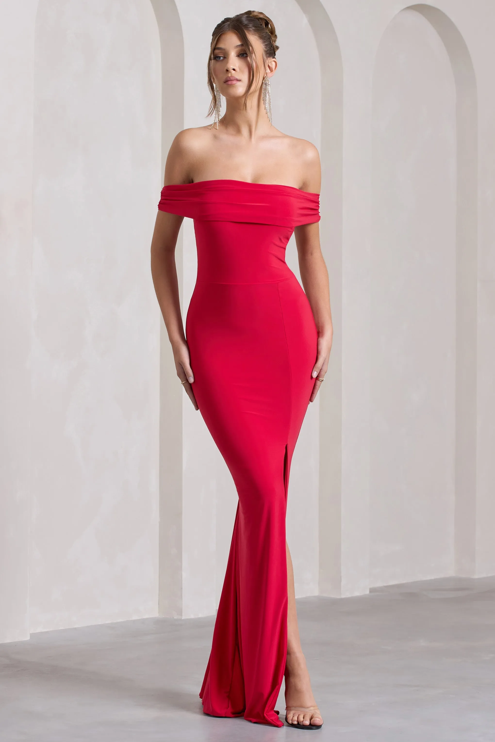 Law of Attraction | Red Bardot Draped Split Maxi Dress