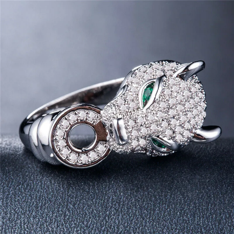 Micro Pave CZ Panther Emerald Eyes Ring