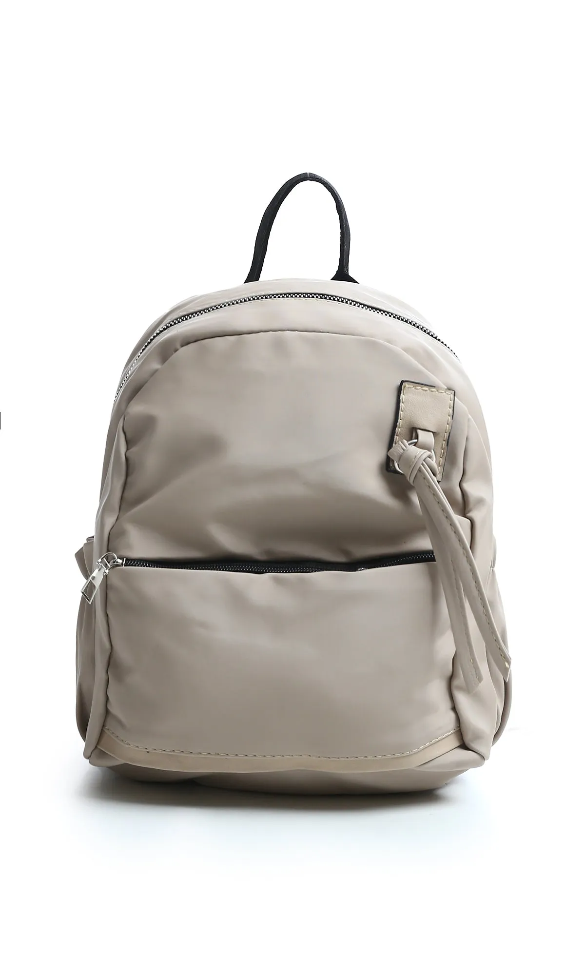 O181040 Solid Zipped Backpack With Outer Pocket - Beige