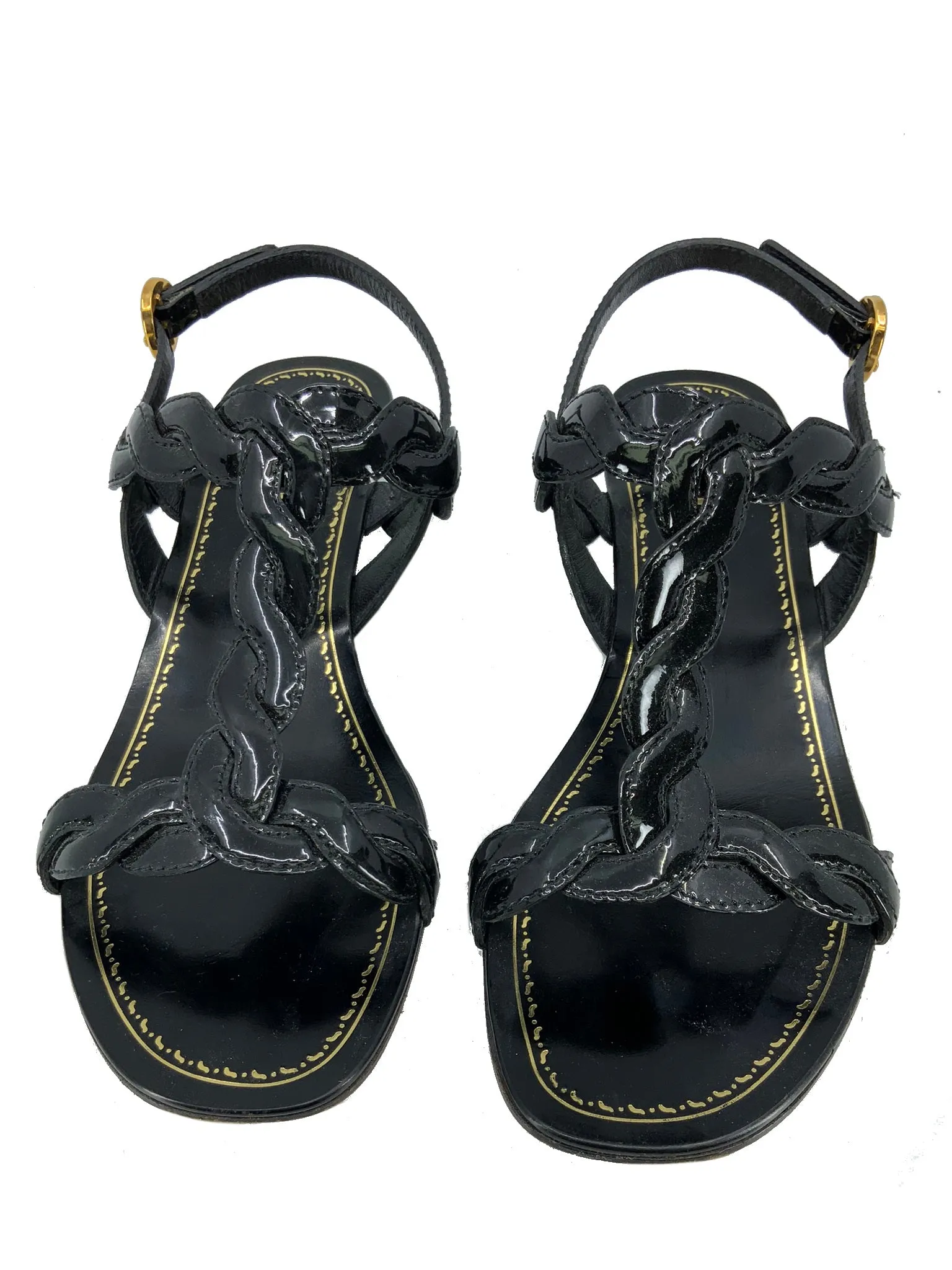 PRADA Braided Patent Leather T-Strap Sandals Size 7