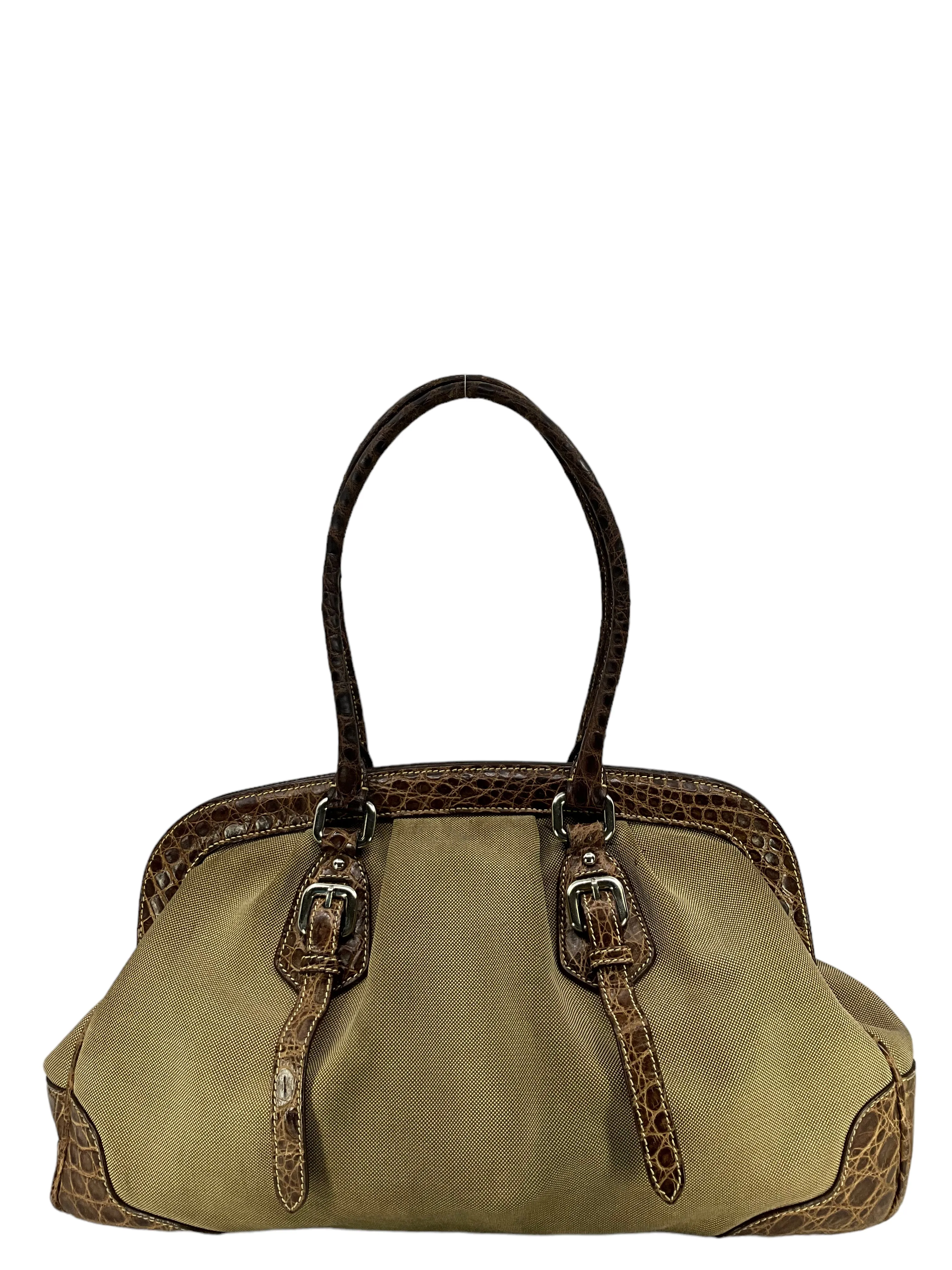 Prada Canvas And Brown Crocodile Handbag