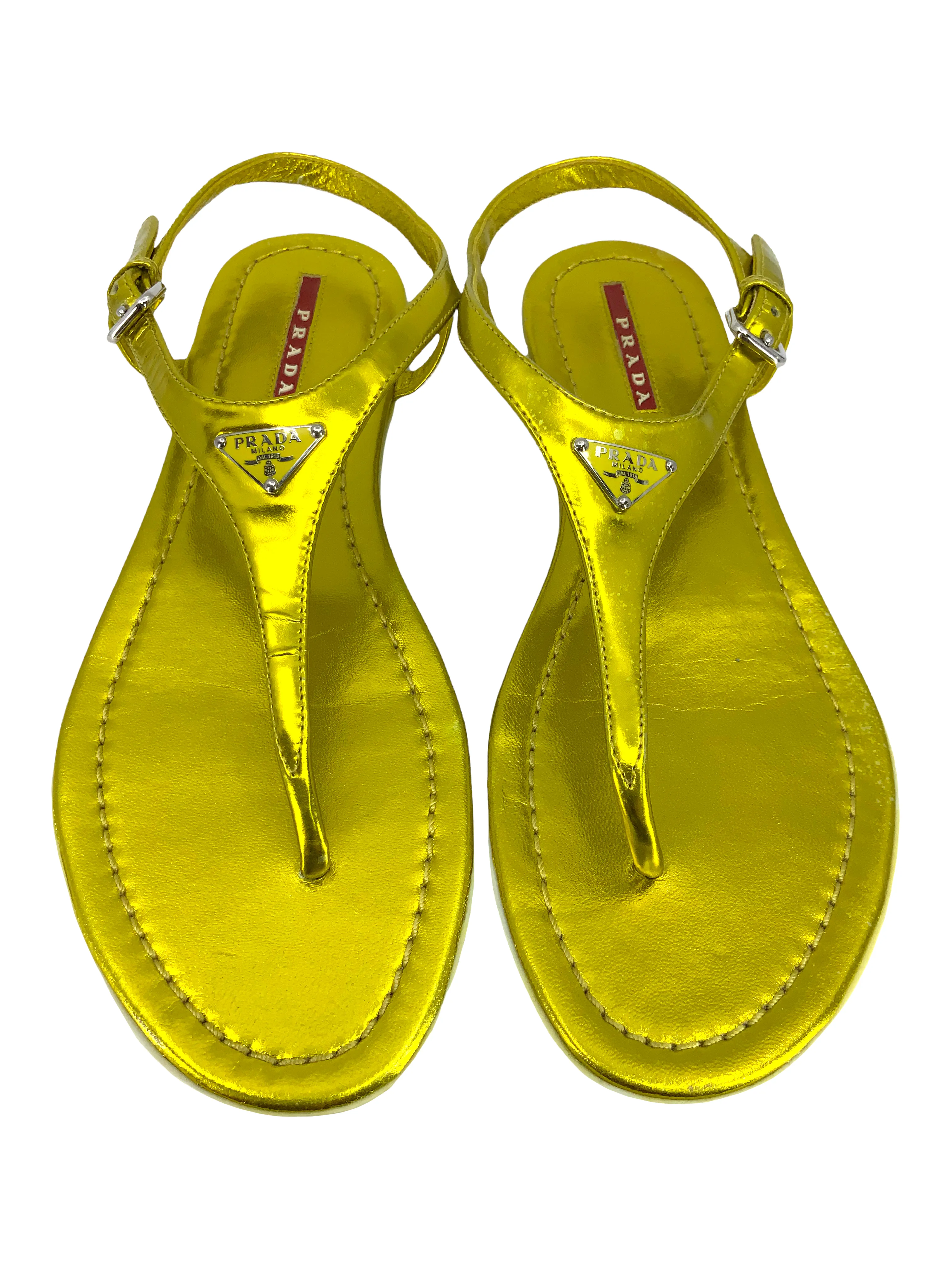 PRADA Metallic Leather Logo Thong Sandals Size 8