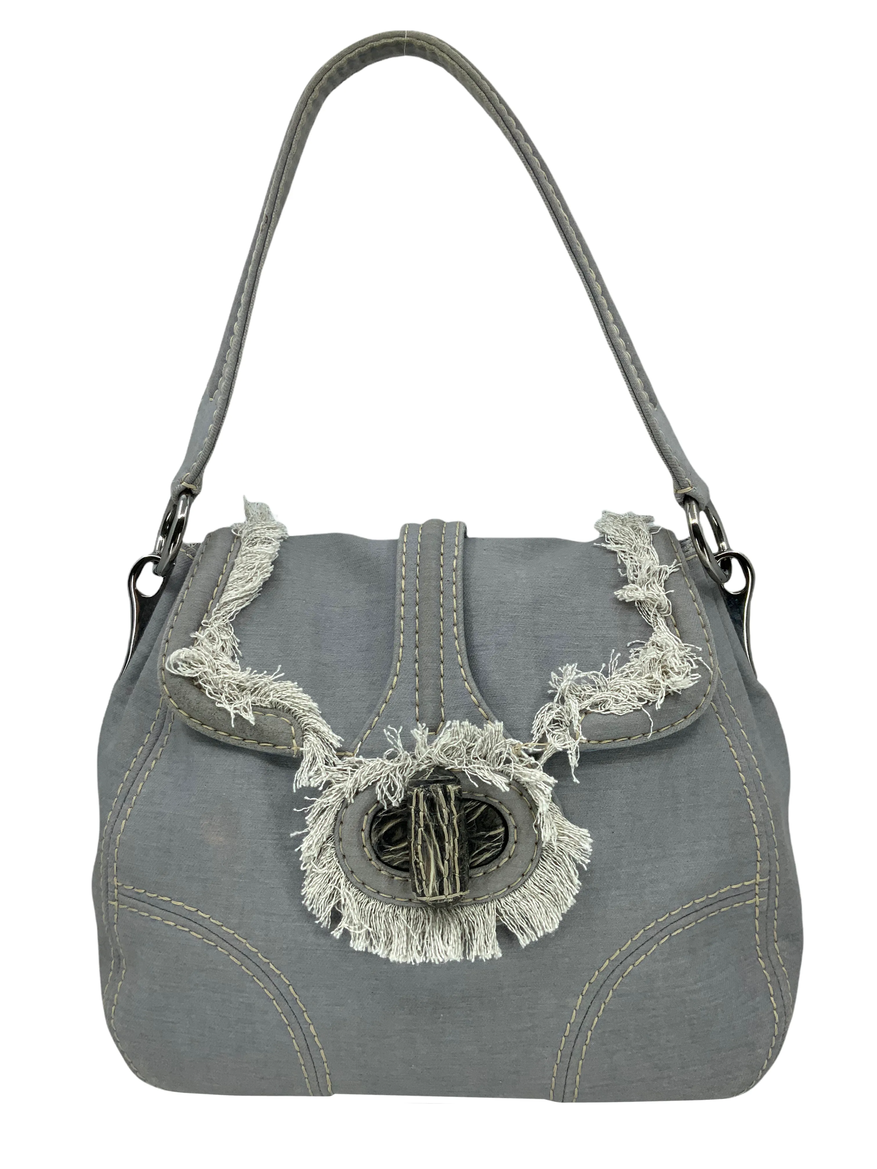 Prada Pattina Sottospalla Denim Fringe Large Flap Bag