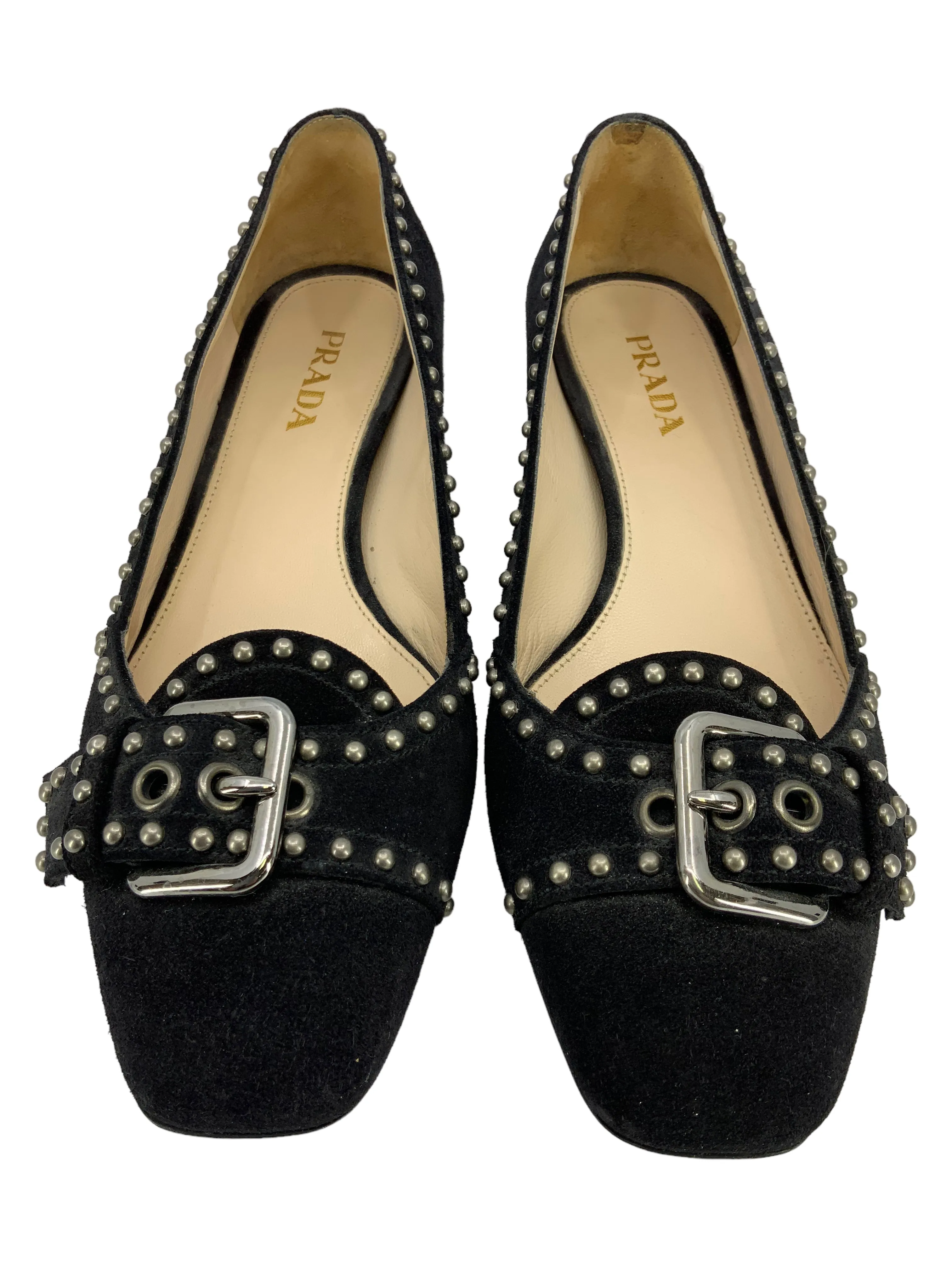 Prada Studded Suede Buckle Pumps Size 8.5