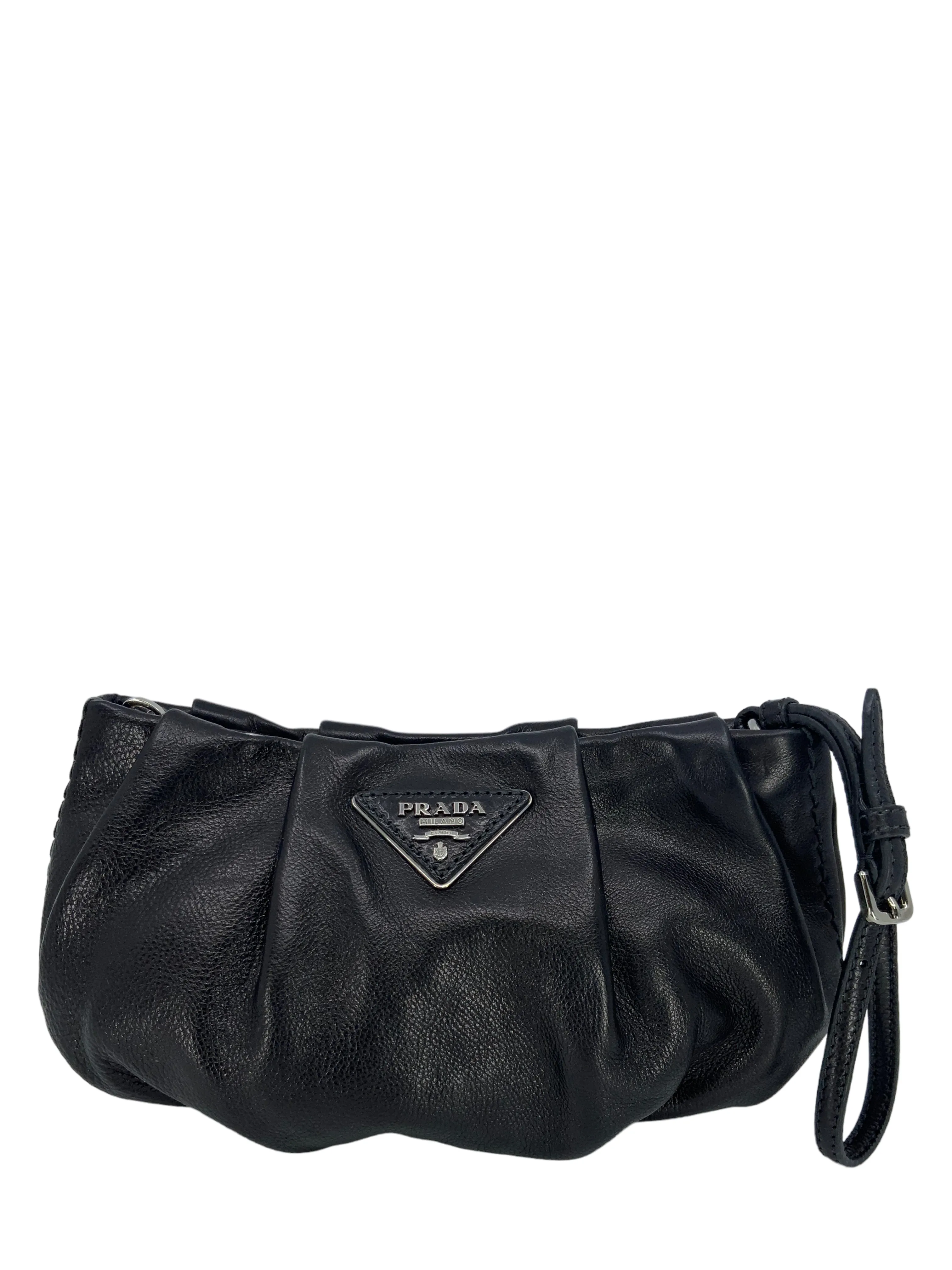 Prada Zip-Top Pleated Leather Wristlet