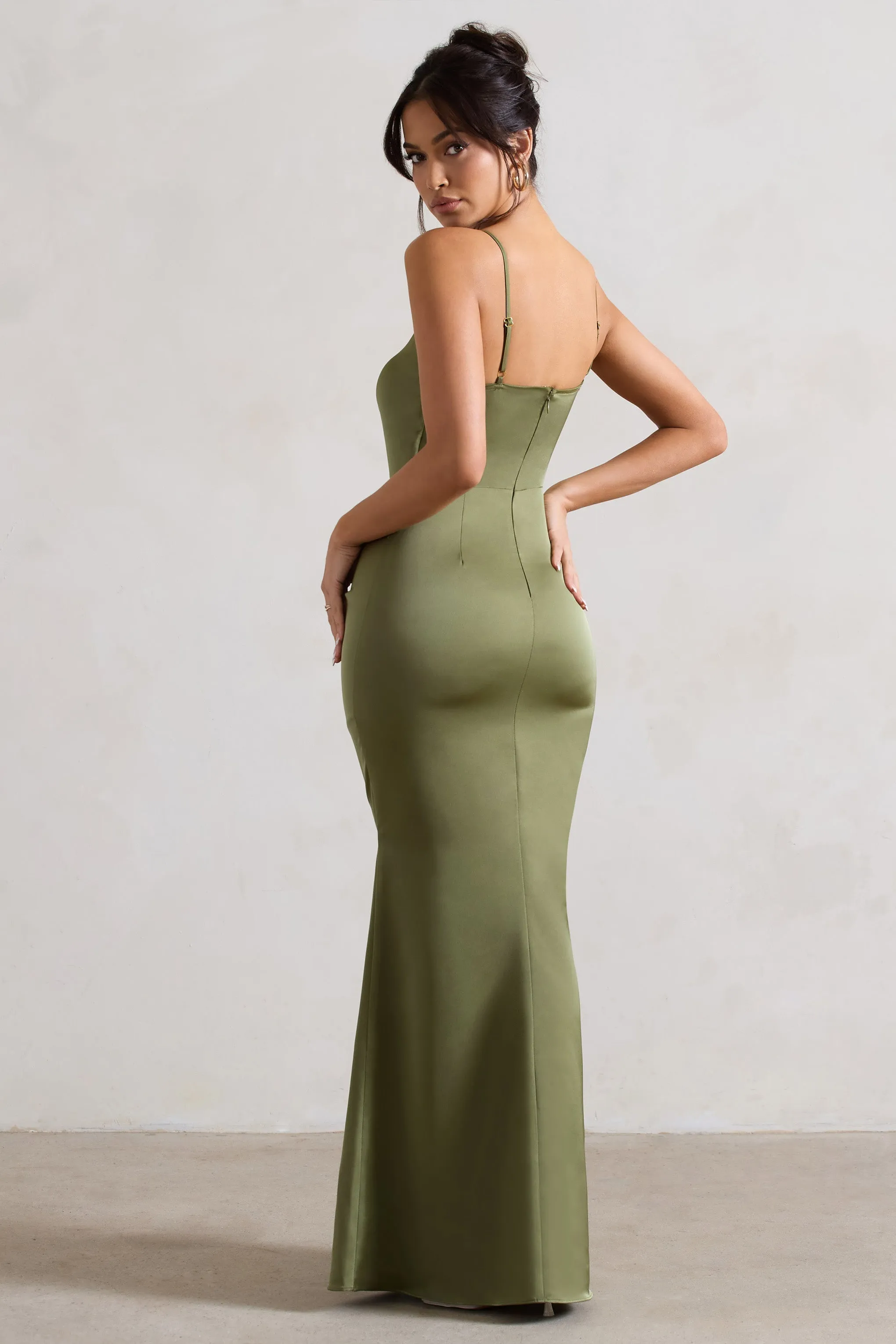 Soraya | Olive Green Satin V-Neck Split Maxi Dress With Drape