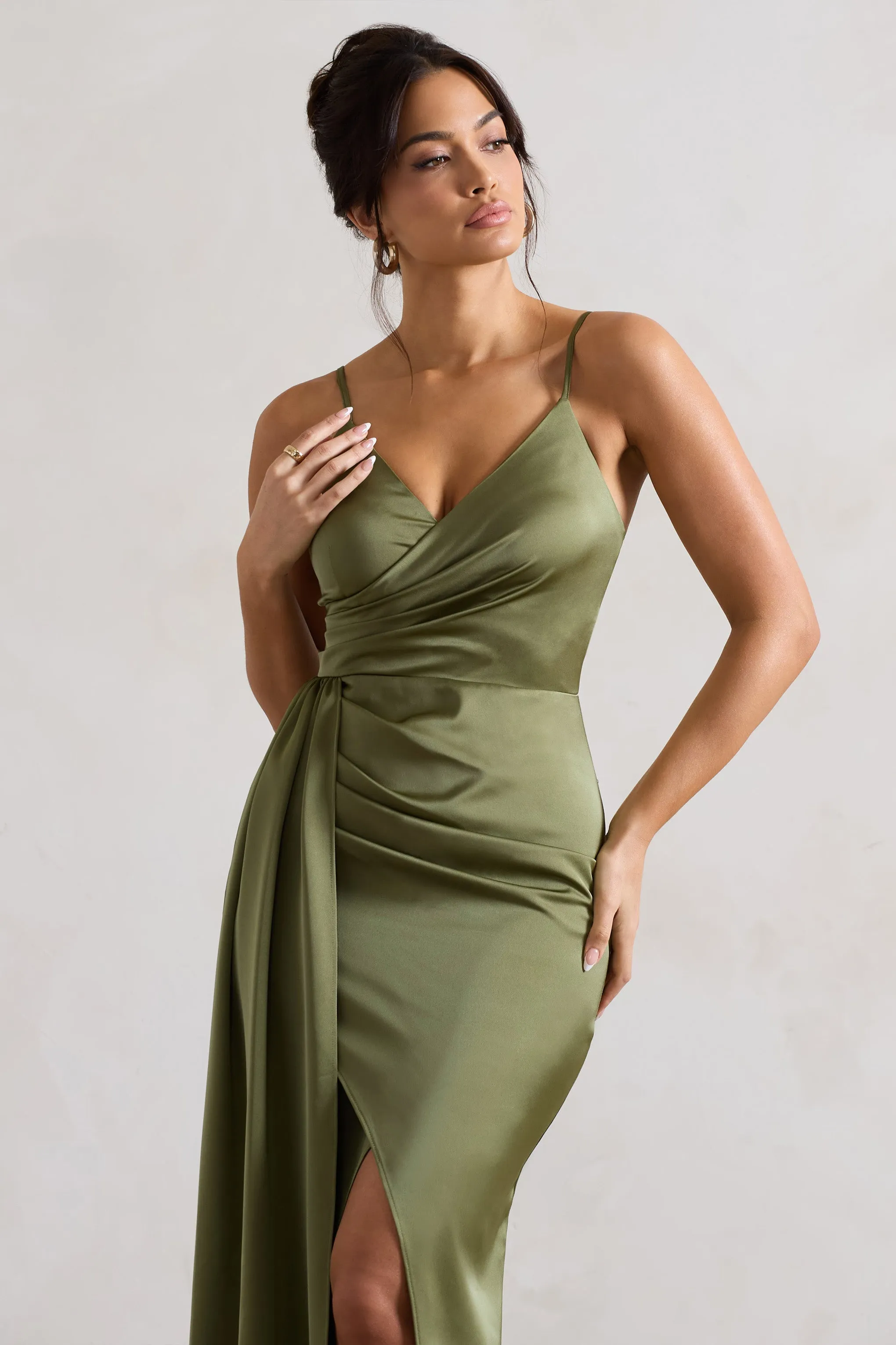 Soraya | Olive Green Satin V-Neck Split Maxi Dress With Drape