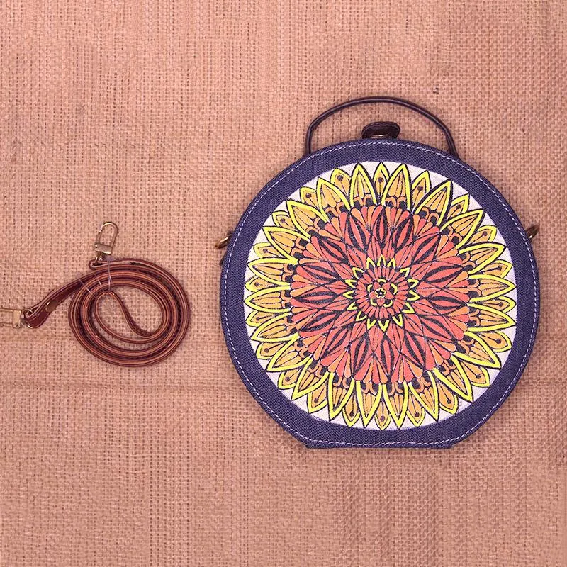 Sun Hand-Painted Denim Crossbody Sling Bag for Women