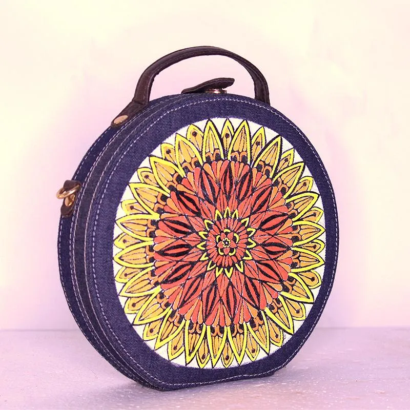 Sun Hand-Painted Denim Crossbody Sling Bag for Women