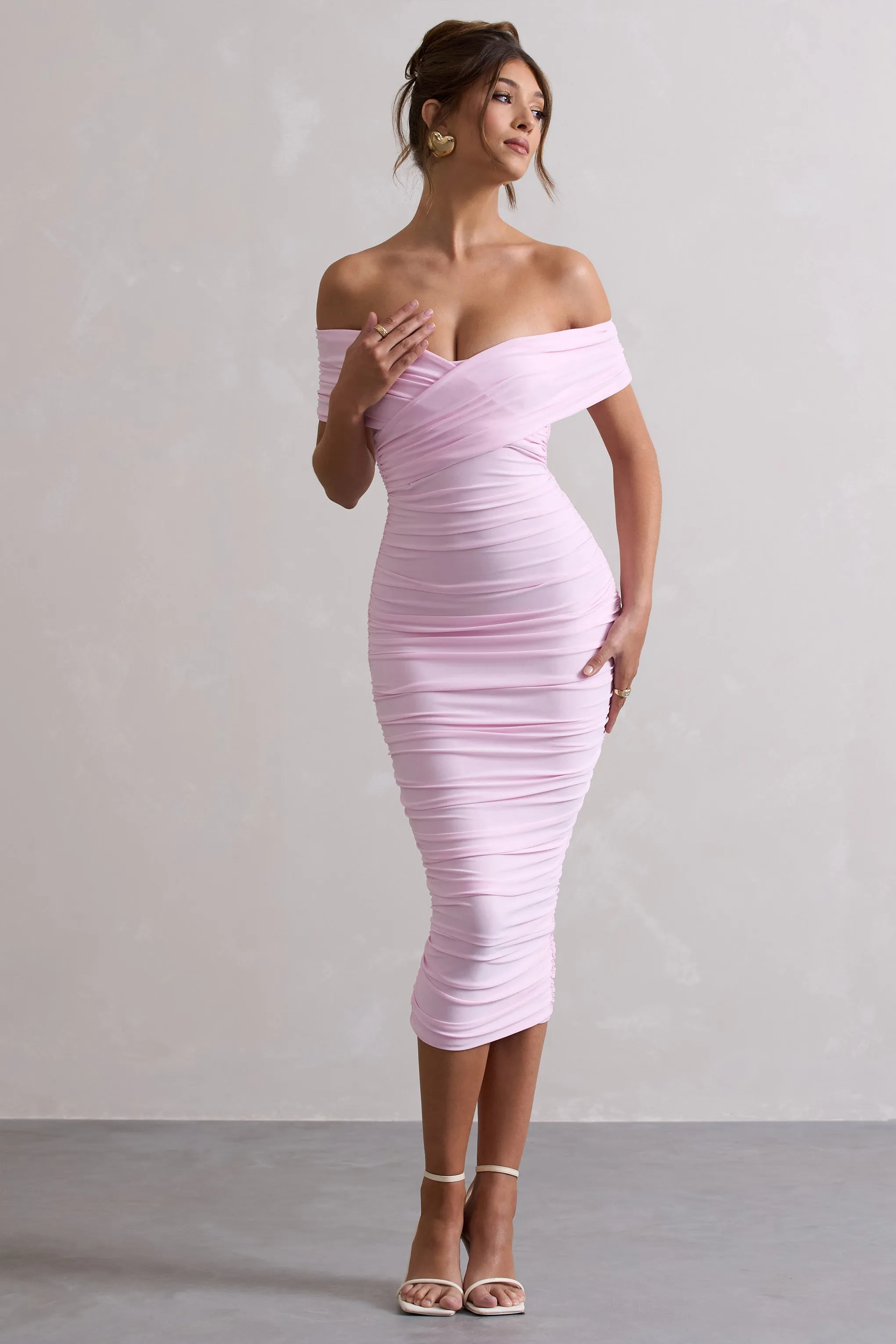 Unwrapped | Pink Ruched Twist Bardot Midi Dress