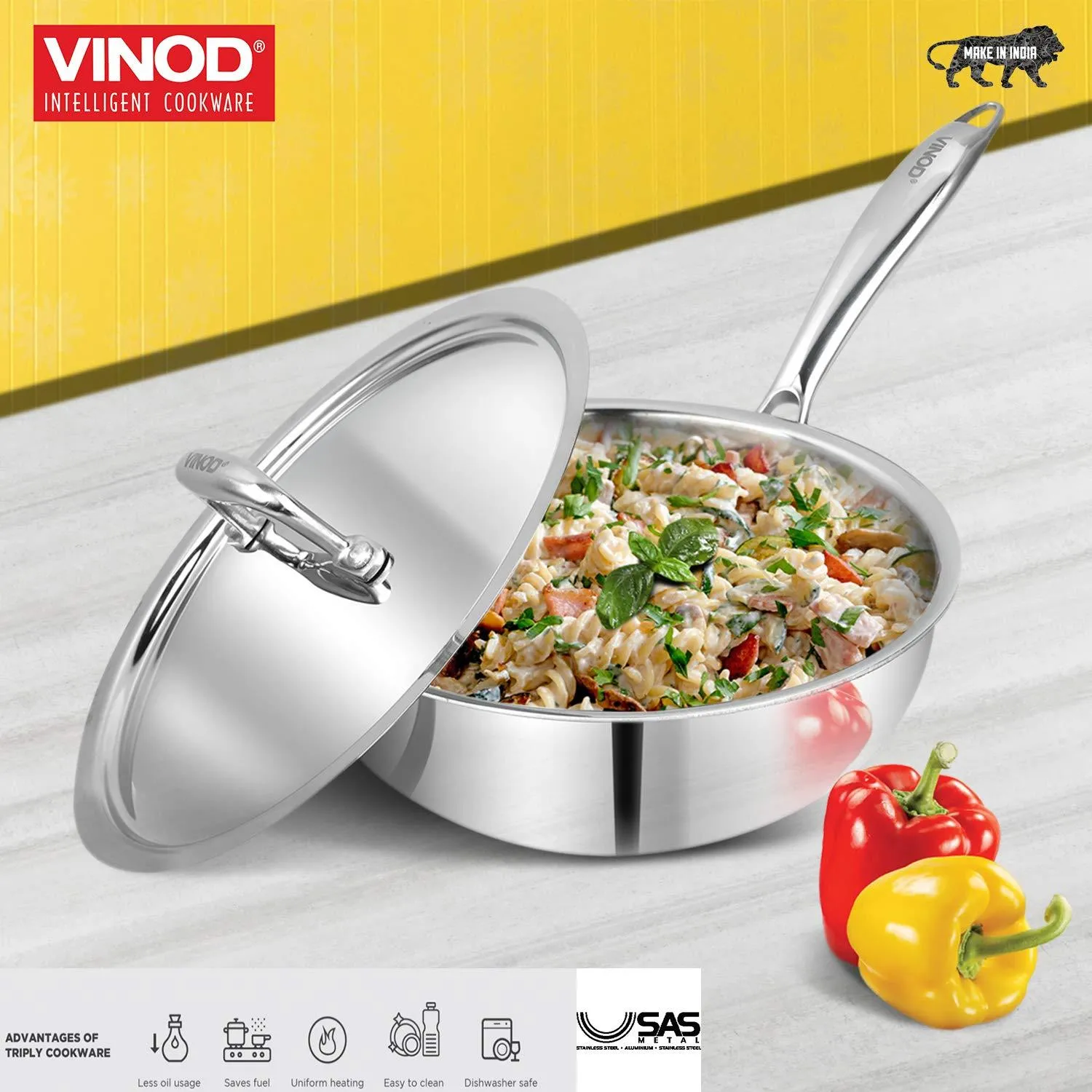 Vinod Platinum Triply Stainless Steel Deep Frypan with Lid