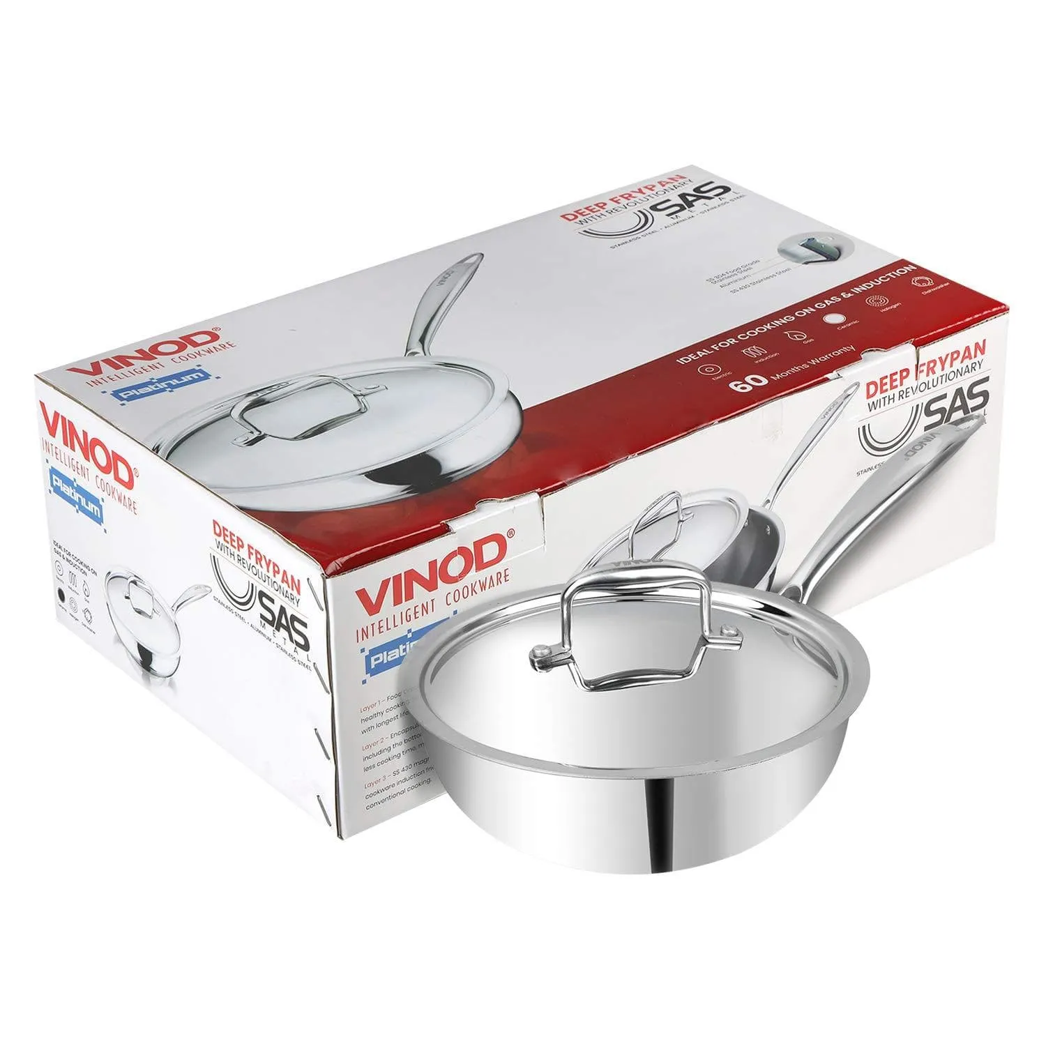 Vinod Platinum Triply Stainless Steel Deep Frypan with Lid