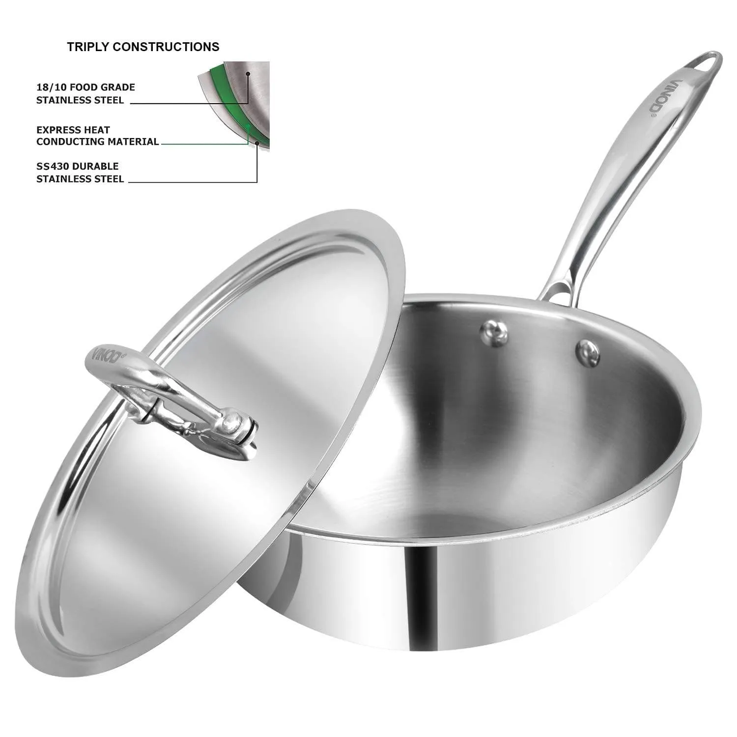 Vinod Platinum Triply Stainless Steel Deep Frypan with Lid