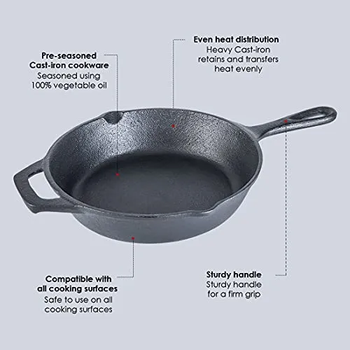 Wonderchef Forza Cast-Iron Fry Pan, Pre-Seasoned Cookware, Induction Friendly, 24cm, 3.8mm